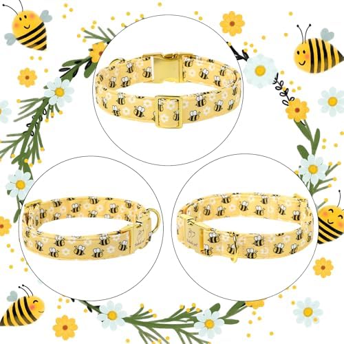 Yellow Bee Dog Collar, Cute Spring/Summer Cartoon Boy Girl Dog Collars, Adjustable Heavy Duty Male Female Dogs Collar for Small Medium Large Dogs with Metal Buckle XS