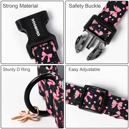 DOGWONG Pink Dog Collar, Comfortable Adjustable Black Pink Bow Girl Female Dog Collar with Plastic Buckle for Large Dogs, Neck 16.5-26 inches