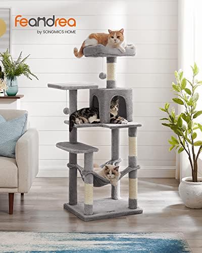 Feandrea Cat Tree, 54.2-Inch Cat Tower, Multi-Level Condo, Light Gray
