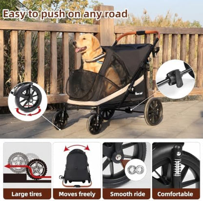 Dog Stroller for Large Dogs One-Click Folding 4 Wheel Foldable Dog Stroller for 2 Dogs with Storage Pocket Suitable for Pets Up to 80LBS (Black, Large)