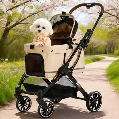 All-Terrain Dog Stroller for Small to Medium Dogs, Pet Stroller for Dogs & Cats Outdoor Walks, One-Hand Easy Fold, Double-Layer Anti-UV & Waterproof Canopy & Breathable Mesh, Vanilla Beige