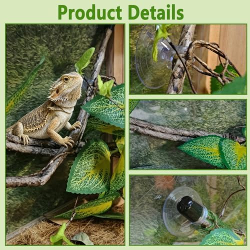 BNOSDM 2PCS Reptile Climbing Branch, Bendable Jungle Vine with Leaves Terrarium Plant Decoration with Suction Cup Chameleon Cage Accessories for Gecko Lizard Bearded Dragons Snake (Vinca Leaf)