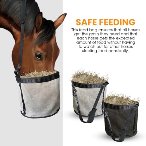 Horse Feed Bag, 2 Pack Heavy Duty Nylon Muzzle Grain Feed Bag with Adjustable Elastic Strap, Mesh Feed Bags with Durable Waterproof Bottom Muzzle Comfort Neck Pad for Horse