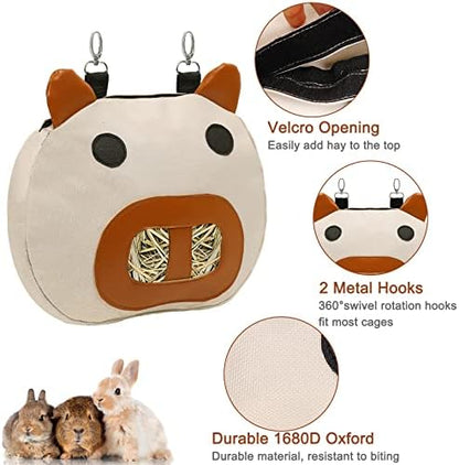 Rabbit Hay Feeder Bag with 2 Hanging Hooks for Small Animal Cage Mess Free