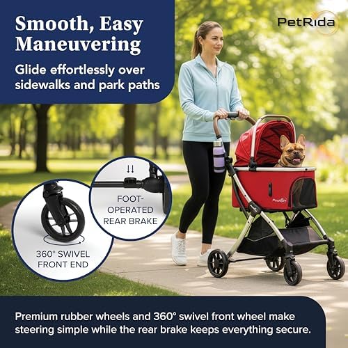 Dog Stroller with Detachable Carrier for Small Dogs & Cats, Red