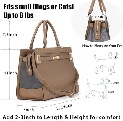 Fashion Pet Carrier Dog Cat Carrier Purse Soft-Sided Leather Handbag Pet Tote Bag for Small Dogs Puppy and Cats TSA Airline Approved (Khaki)