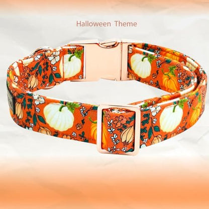 Elegant little tail Fall Dog Collar, Halloween Pet Collars with Flower Cute Pumpkin Print Puppy Collar Female or Male Cotton Adjustable Collars for Small Medium Large Dogs