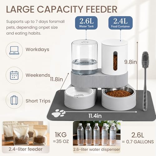 Gravity Cat Feeder 2 Pack Automatic Food Feeder and Water Dispenser Set Detachable Pet Bowl with Silicone Mat and Brush for Cats Small Medium Dogs, Large Capacity(Grey)