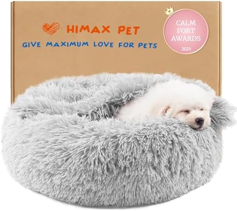 Himax Small Cat & Dog Bed with Cover, Calming Dog Bed for Small Dogs,Anti-Anxiety Donut Dog Bed with Attached Blanket,Washable Round Fluffy Pet Bed (20"/26"/35"), Light Grey