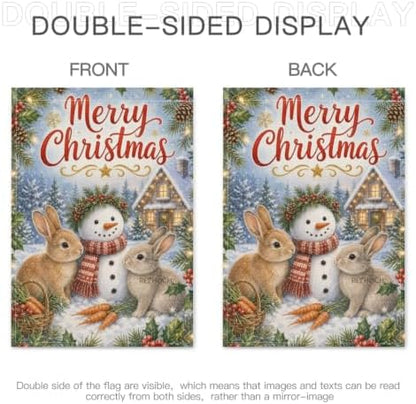Merry Christmas House Flag 28x40 Inch Rabbit Pair Snowman Carrot Basket Holly Pinecone Watercolor Winter Outdoor Yard Lawn Front Porch Welcome Double Sided Banner Decor