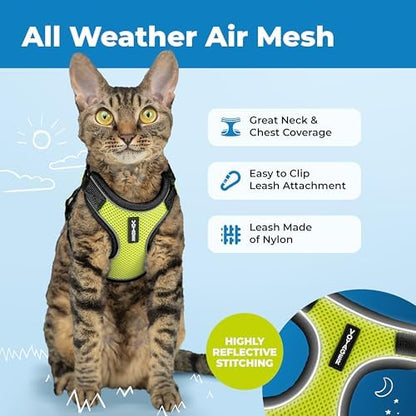 Voyager Escape-Proof Step-in Lock Cat Harness & 5ft Neoprene-Handle Leash Set All-Weather Mesh with Reflective Stitching for Small to Large Cats by Best Pet Supplies, Black Trim-Lime (327), S