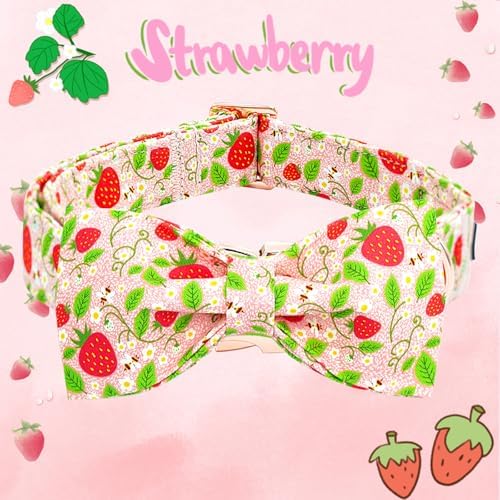 Dog Collar-Strawberry Print Adjustable Cute Pet Collar Soft Pink Dog Collars with Bow Tie Durable Cotton Metal Buckle Puppy Collar Gift for Small Dogs