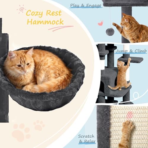 SHA CERLIN 82 inch, Multi-Level Cat Tree Tower for Indoor Cats, Cat Condo with Sisal Scratching Posts, Plush Perches, Hammocks, Toy Balls, Dark Grey