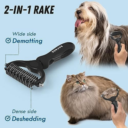 Docrok Pet Grooming Combo: Undercoat Rake, Dematting Deshedding Brush for Long-Haired Dogs and Cats, Black