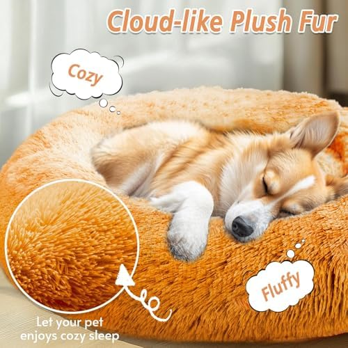 JOLLYVOGUE Calming Small Dog & Cat Bed for Indoor Cats - 20 inches Washable Donut Bed for Kittens & Puppies, Anti-Anxiety Round Fluffy Plush Pet Beds (Fits up to 15 lbs, Orange)
