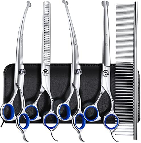 Gimars 7.0in Professional 4CR Stainless Steel Safety Round Tip 6 in 1 Dog Grooming Scissors Heavy Duty Titanium Coated Pet Grooming Scissor for Dogs, Cats and Other Animals