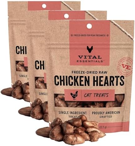 Vital Essentials Freeze Dried Raw Chicken Hearts Cat Treats | Single Ingredient | Premium Quality | Grain Free, Healthy Treats for Cats, 0.8 oz Bag (Pack of 3)