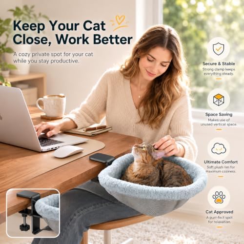 X-Large Cat Desk Bed with Sunken Hammock Design, Soft Faux Rabbit Fur Cover, Removable & Washable, Holds Up to 40lbs – Cozy Desktop Retreat for Cats