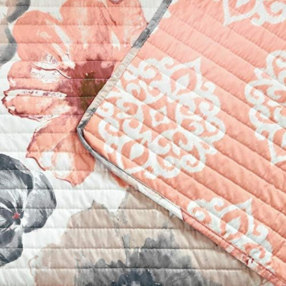 Lush Decor Leah Reversible Throw Blanket, 50" W x 60" L, Coral & Gray - Large Blooming Watercolor Flowers - Charming Quilted Floral Blanket For Bed, Couch, Or Chair