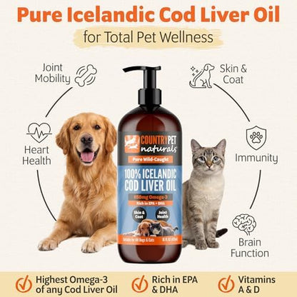 Wild-Caught Pure Icelandic Cod Liver Oil for Dogs & Cats,1150 mg Omega-3 per TSP, High EPA & DHA, Natural Vitamins A & D, Supports Healthy Skin & Coat & Mobility, Single-Ingredient, 100% Pure