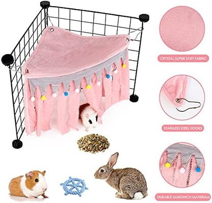 Guinea Pig Hideout - Guinea Pig Corner Hideout, Three-Sided Fringes, Triangle Top and Washable Hides, Suitable Hides for Rabbit and Other Small Pets, No Metal Fences, Pink