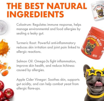 Allergy Relief Chews for Dogs & Immune & Digestive Supplement with Wild Salmon Oil Kelp Colostrum Turmeric Probiotics & Bee Pollen for Seasonal Allergies Anti Itch, Skin Hot Spots 120 Soft Treats