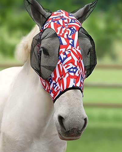 Harrison Howard Super Comfort Stretchy Fitting Horse Fly Mask with UV Protection Soft on Skin with Breathability Flag Grid Pony