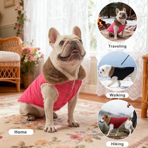 BEAUTYZOO Warm Dog Puffer Jacket Vest, Dog Winter Coat with Harness, Rose L