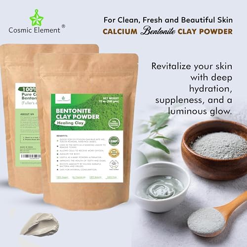 Cosmic Element 100% Pure Calcium Bentonite Clay Powder - Bentonite Clay Food Grade, Vegan, Healing Clay | Skin Care Detox - Deep Pore Cleansing Face & Body Mask for Soft, Smooth, Refreshed Skin | 12oz