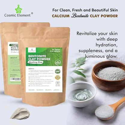 Cosmic Element 100% Pure Calcium Bentonite Clay Powder - Bentonite Clay Food Grade, Vegan, Healing Clay | Skin Care Detox - Deep Pore Cleansing Face & Body Mask for Soft, Smooth, Refreshed Skin | 12oz