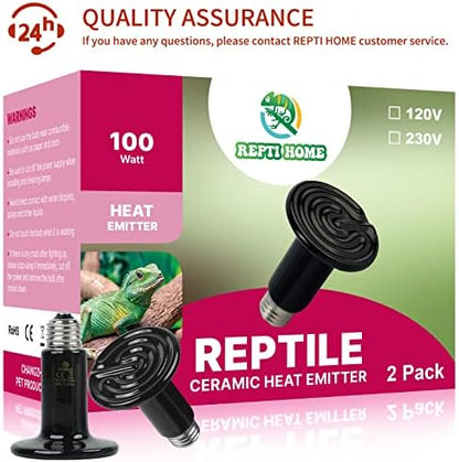 100W Ceramic Heat Emitter (2 Pack), Reptile Heat Lamp Bulbs, Ceramic Heater for Amphibian, Pet Brooder Coop, Chicken, Dog, Cat