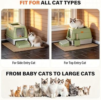 Extra Large Enclosed Stainless Steel Litter Box with lid，Front Entry Top Exit High Sided Metal cat Litter Pan，Non-Stick Easy Cleaning Anti-Urine Leakage for Big Cats，Includes Mat, Scoop & Step, Green