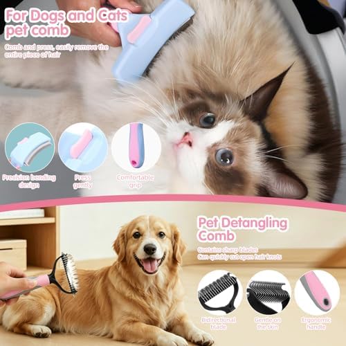 Aglads 8PCS Cat Rabbit Bunny Dog Grooming Kit, Self-Cleaning Slicker Brush & Deshedding Comb, Dematting Tool, Nail Clipper File, Flea Comb, Portable Storage Bag for Long/Short Haired Pets(8, pink)