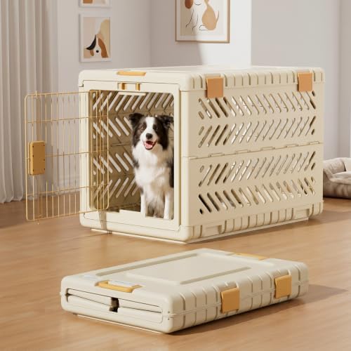 Collapsible Dog Crate for Large/Medium Dogs - 36" L Foldable Dog Cage No-Tool Assembly, Travel Dog Crate with 2 Wheels - Easy to Carry, Space-Saving, Indoor Outdoor Use, Cream, 36.4”L*22.84”W*25.8”H