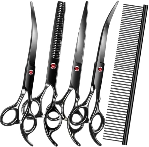 Dog Grooming Scissors Kit, Premium Stainless Steel Dog Shears with Curved Shears, Sharp Durable for Dogs Cats+Black 5 Piece