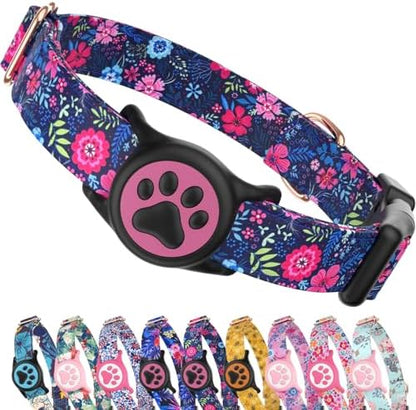 Airtag Dog Collar,with Waterproof airtag Holder，Original Stylish Cute Pattern Design.QR Code ID Buckle，Comfortable Soft Cotton for Small Medium Large Dogs