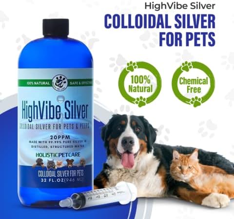 Holistic Pet Care Colloidal Silver for Dogs, Cats, Horses & Birds – 20 PPM Wound Care, Hot Spot Treatment, Skin Relief & Immune Support – All-Natural Pet Colloidal Silver Solution, with Syringe (32oz)