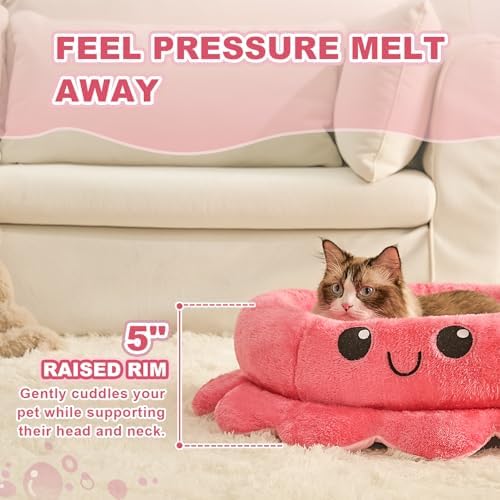 Jiupety Cute Calming Dog Beds Clearance for Medium Small Dogs, Anxiety Bolster Dog Bed with Octopus Shape, Pink, Red, Boho, Round Pet Bed Cat with Removable Cushion