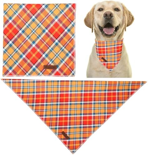 Fall Dog Bandana – Orange Yellow Plaid Triangle Scarf for Small Medium Large Dogs, Soft Cotton Pet Bib for Autumn Thanksgiving, Adjustable Dog Kerchief for Daily Fall Wear