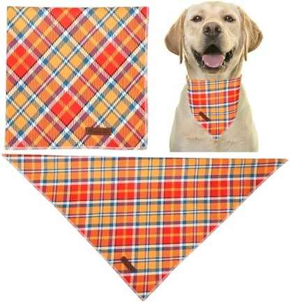 Fall Dog Bandana – Orange Yellow Plaid Triangle Scarf for Small Medium Large Dogs, Soft Cotton Pet Bib for Autumn Thanksgiving, Adjustable Dog Kerchief for Daily Fall Wear