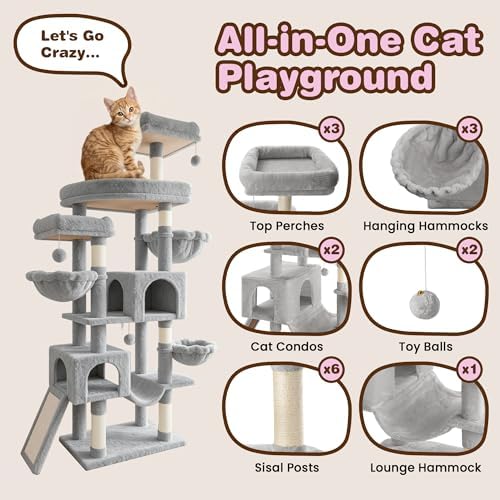 SHA CERLIN 82 inch Cat Tree Tower, Multi-Level Cat Condo with Plush Perches, Sisal Scratching Posts, Hammock and Toys, Stable Cat Tower for Kittens and Adult Cats, Grey