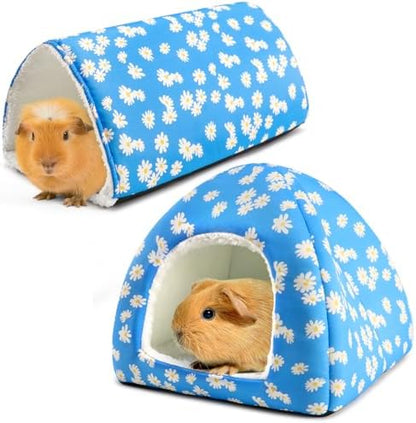 Guinea Pig House and Tunnel Set - 2 Pack Washable Guinea Pig Hideout Bed, Plush Small Animal Hide and Toy with Non-Slip Bottom for Ferret Dwarf Bunny