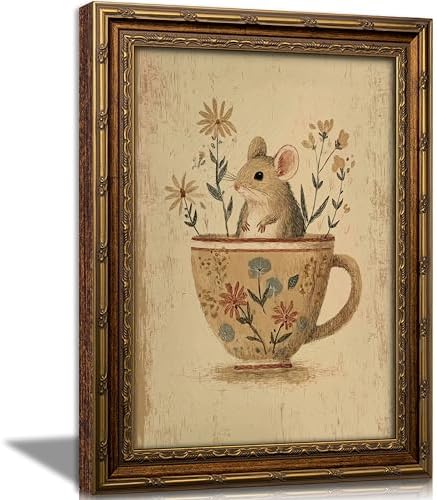 Vintage Gold Framed Mouse Wall Art, Rat in Floral Teacup Canvas Print, Cottagecore Whimsical Animal Picture Wall Decor, Antique Rustic Farmhouse Poster Artwork for Nursery Bedroom Living Room