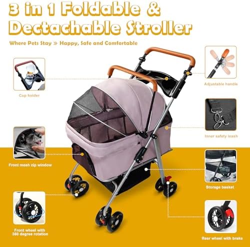 Pet Stroller with Storage Basket and Cup Holder, Folding Dog Jogger, Foldable Cat Stroller, 3 in 1 Puppy Kitten Cart, Pet Jogger for Medium Dog Cat (Pink)