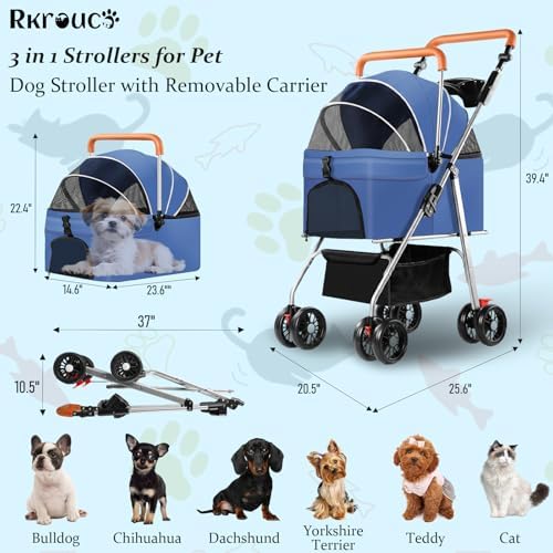 3 in 1 Pet Stroller for Dogs Cats Foldable Jogger with Detachable Carrier