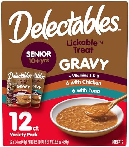 Delectables Lickable Treat Gravy Senior 10+ Variety Wet Cat Treat & Food Topper, Food Topper, Hydrating, Grain-Free, No Fillers, No by-Products, No Added Preservatives, 1.4-oz Pouch, 12 Count