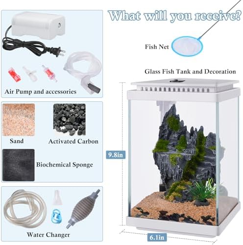 FEDOUR Small Glass Aquarium, 1 Gallon Desktop Fish Tank, Betta Fish Tank, Mini Aquarium Starter Kit with Air Pump LED Light Decoration Water Changer Fish Net (White)
