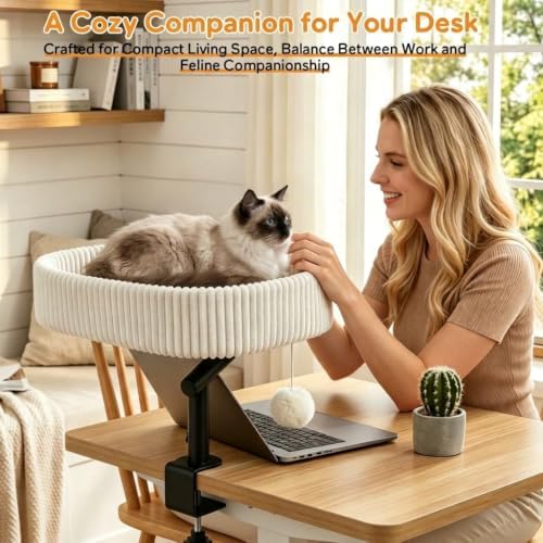 Angoily Cat Bed, Clamp-on Desk Cat Bed with 3 Mat 360 Rotation Perch