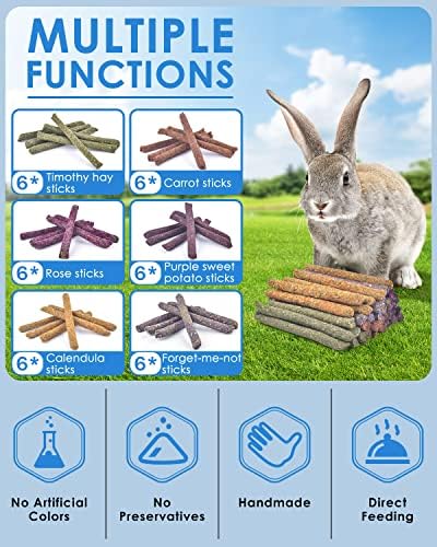 Bissap 36PCS Bunny Chew Sticks, Mixed Natural Timothy Hay Carrot Purple Potato Flowers Rabbit Treats for Bunny Chinchilla Guinea Pig Hamster and Other Small Animals Molar Snack Toy