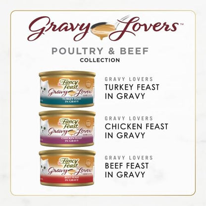 Fancy Feast Purina Gravy Lovers Poultry and Beef Grilled Gourmet Wet Cat Food Variety Pack - 3 oz. Cans,(Pack of 60)